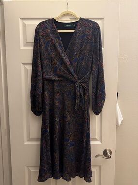 Lauren Ralph Lauren Navy Paisley Wrap-Style Long Sleeve Dress with Red Accents